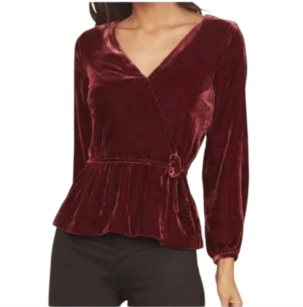 J. Crew Beautiful Burgundy Velvet Faux Wrap Blouse Puff Sleeves Size 0